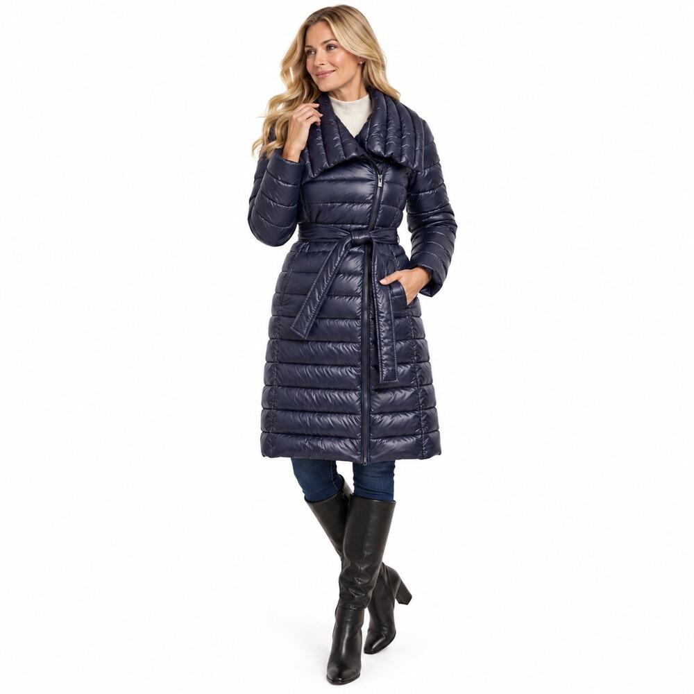 Via Spiga Quilted Puffer Coat Women's Medium Blue Winter Cozy Outerwear Raincoat